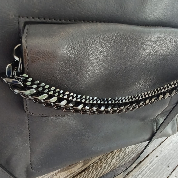 AUTH MILLY GUNMETAL GRAY CHAINLINKED XL LEATHER SATCHEL HANDBAG W/ LONG STRAP! - Picture 6 of 16